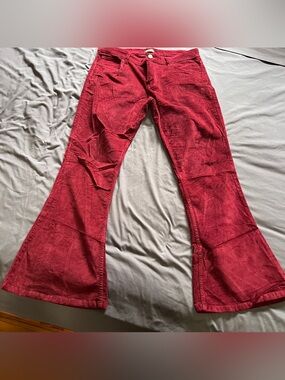 Run & Fly Men’s 70s Retro Bell Bottom deep red corduroy pants with some stretch